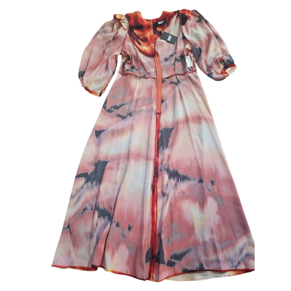 DKNY Printed Satin Midi Dress Red Orange Abstract Puff Sleeve L NWT - Picture 14 of 15